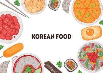 Korean food vector drawing. Top view Korean food dishes vector illustration. Flat style. Bulgogi, corndog, jjigae, kimbap, japchae, pajeon, mandu, egg bread