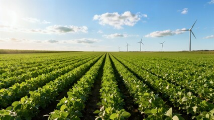 Rows of lush green crops stretch to the horizon in a vast field where multiple wind turbines generate clean energy under a dramatic sunset sky.