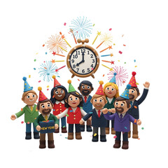 Group of diverse cartoon people celebrating New Year's Eve with colorful party hats, confetti, fireworks, and clock showing midnight, perfect for holiday events