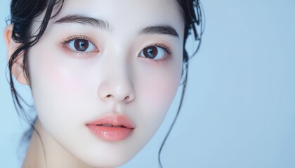 日本人, 超リアル, 美しい若い女性, 顔クローズアップ, 欠点のない肌, 輝く肌質, ナチュラルメイク, 柔らかなライティング, 美容CM風, シネマティック, カメラ目線, 高解像度, Japanese, ultra-realistic, beautiful young woman, face close-up, flawless skin, glowing complexion	
