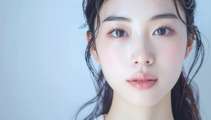 日本人, 超リアル, 美しい若い女性, 顔クローズアップ, 欠点のない肌, 輝く肌質, ナチュラルメイク, 柔らかなライティング, 美容CM風, シネマティック, カメラ目線, 高解像度, Japanese, ultra-realistic, beautiful young woman, face close-up, flawless skin, glowing complexion	
