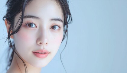 日本人, 超リアル, 美しい若い女性, 顔クローズアップ, 欠点のない肌, 輝く肌質, ナチュラルメイク, 柔らかなライティング, 美容CM風, シネマティック, カメラ目線, 高解像度, Japanese, ultra-realistic, beautiful young woman, face close-up, flawless skin, glowing complexion	
