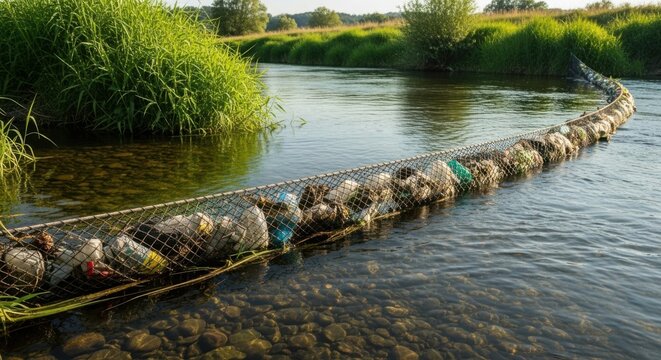 Ecology river filled with plastic pollution blocking waterway with mesh. Ecology river scene showcases contamination: disposable bottles and bags snagged in net, revealing impact of waste.