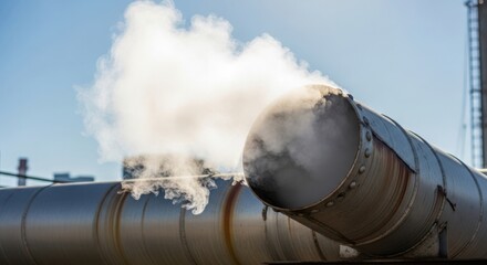 Industrial steam cloud emanates from metal pipes against blue sky. Steam rises as byproduct of industrial processes with cloud formation.