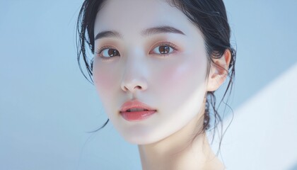 日本人, 超リアル, 美しい若い女性, 顔クローズアップ, 欠点のない肌, 輝く肌質, ナチュラルメイク, 柔らかなライティング, 美容CM風, シネマティック, カメラ目線, 高解像度, Japanese, ultra-realistic, beautiful young woman, face close-up, flawless skin, glowing complexion	
