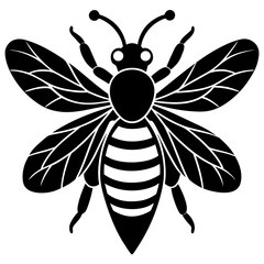 Black bee silhouette with striped abdomen and patterned wings