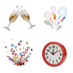 New Year celebration elements with champagne glasses, colorful fireworks, confetti, and clock showing midnight, perfect for festive party designs