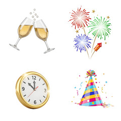 New Year celebration elements with champagne glasses, fireworks, clock striking midnight, and colorful party hat, perfect for holiday and event designs