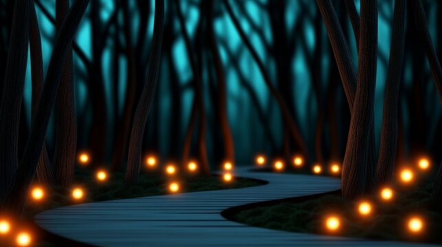 Enchanted Forest Path Glowing Lights, Dark Trees, Digital Art, fantasy, path Digital art, fantasy art