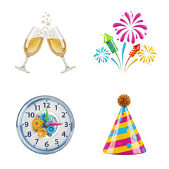 New Year celebration icons set with champagne glasses, fireworks, clock, and party hat perfect for holiday and festive event designs