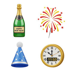 New Year celebration icons set with champagne bottle, fireworks, party hat, and clock showing 11:55, perfect for New Year?s Eve events