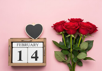 Wooden calendar displaying february 14 next to a bouquet of red roses and a heart shaped chalkboard on pink background