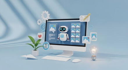 Desktop computer screen showcasing a chatbot interface with digital elements and creative tools