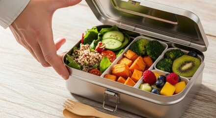 Taking food in lunchbox, balanced meal ready to eat, and salad and organic snack on light wooden surface. Healthy food for a lunchbox prevents eating unhealthy processed snacks.