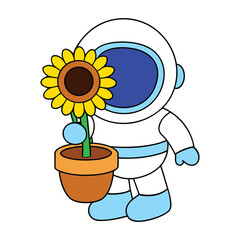 An astronaut holds a sunflower in a pot isolated on, looking at the flower with joy