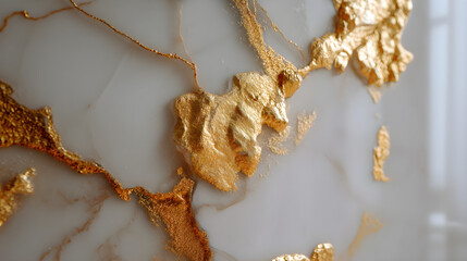 Luxurious abstract texture of white marble with intricate gold veins and irregular gold leaf accents