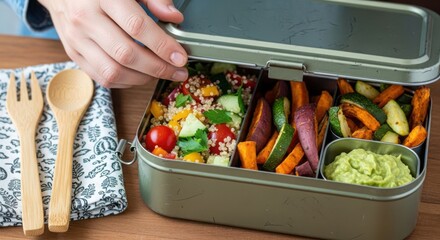 Lunch box containing healthy lunch, opening with vegetables, sweet potatoes, quinoa, and guacamole. Nutritious lunch box ingredients are fresh and organic for wellness.