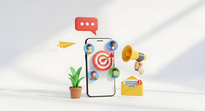 Digital marketing and social media engagement concept with a smartphone, target, megaphone, and audience icons