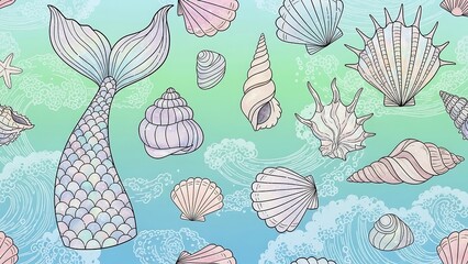 Mermaid Tail and Seashells Pattern on Blue Water Background.