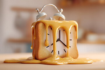Melting alarm clock made of toast covered in dripping cheese, symbolizing time passing and breakfast.