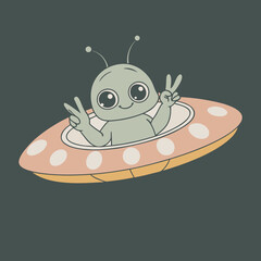Cute alien in a flying saucer making a peace sign isolated on gray background
