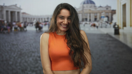 Fototapeta premium Hispanic woman touches hair while standing on crowded sunlit street outside vatican building; serenity calm peace tranquility.
