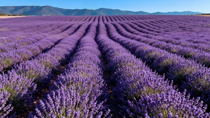 Obraz premium Vibrant purple lavender flowers stretch in perfectly straight rows across a wide field toward distant hills under a clear blue sky.