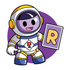 Cute cartoon astronaut holding the letter r isolated on ready to learn the alphabet