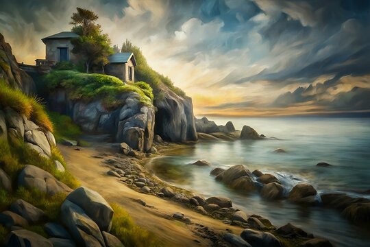 Dramatic coastal landscape with ancient ruins and stormy skies - Powered by Adobe