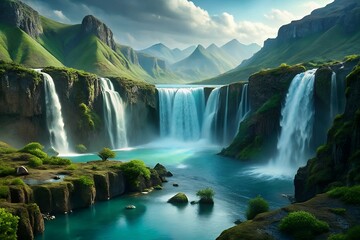 Fototapeta premium Majestic multi tiered waterfall cascading through lush green mountains