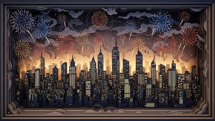 New York City Skyline Fireworks Display Art in a Box.