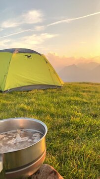 Sunset camping with an amazing view over Lake Lucerne on the Stoos