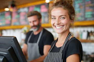 Smiling woman, a cafe manager, training staff with digital POS system, showcasing teamwork and customer service in a vibrant cafe environment with copy space