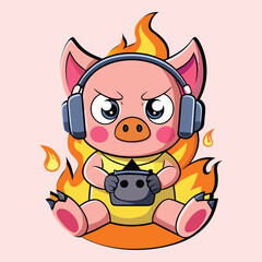 Furious pig gamer with headphones engulfed in flames, showcasing intense gaming passion on a light pink background