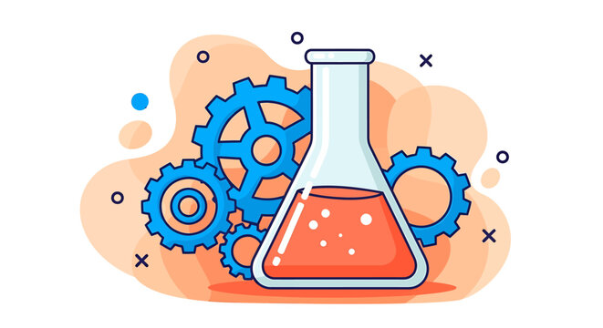 Scientific research process: erlenmeyer flask, gears, innovation