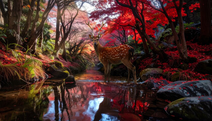 A young deer crosses a forest stream surrounded by vibrant red and orange autumn leaves that reflect beautifully on the calm surface of the water. Koyo, Japan.