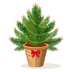 “Festive Potted Evergreen Tree with Red Winter Berries Cozy Nordic Home Decore”