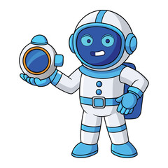 A cartoon astronaut holding a sphere with a screen isolated on
