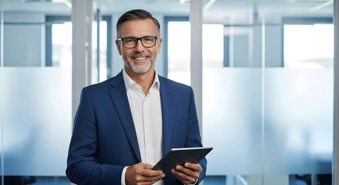 Confident businessman in modern office holding tablet, showcasing professional expertise and leadership