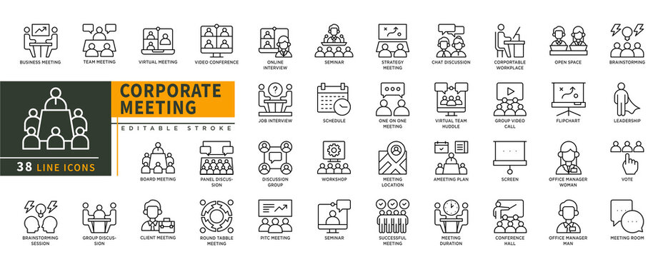 Minimalist Corporate Meeting line icons set with editable stroke, featuring Business, team, virtual, video conference, board meeting, group discussion, brainstrming session. thin linear illustration.
