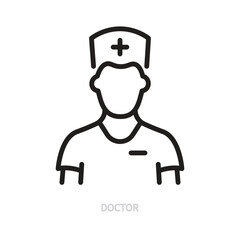 Doctor line icon. Black outline sign. Human, man, medic symbol. Medicine, medical, hospital, health, healthcare concept. Vector illustration. Editable stroke. Isolated on a white background.