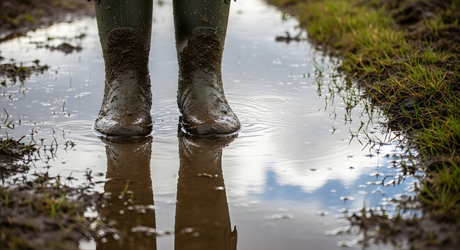 Muddy Boots in a Puddle Reflecting the Sky, Standing in a Muddy Puddle with Muddy Boots and Sky Reflection in the Water