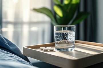 Morning energy home interior with a supplementary dietary pill and glass of sparkling water on a wooden table. The concept of wellness and health recovery