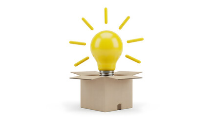 Glowing lightbulb emerging from an open cardboard box symbolizing a new bright idea