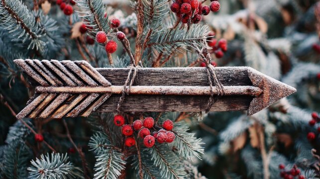 Wooden arrow sign with frost and berries on evergreen branch. - Powered by Adobe