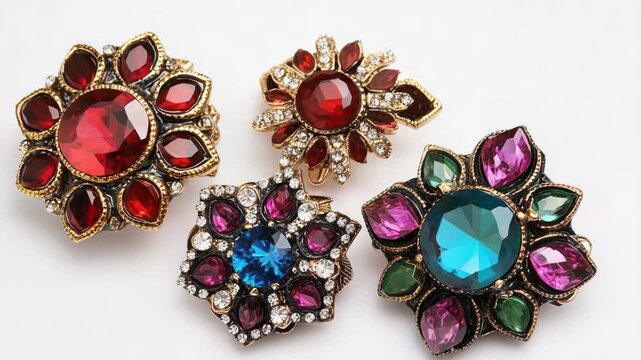 A collection of three brooches arranged on a clean white surface, ideal for jewelry or accessory displays