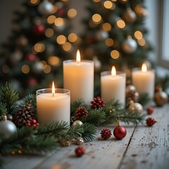 Festive Christmas Candles and Ornaments with Holiday Cheer.
