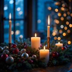 Festive Christmas Candles and Ornaments with Holiday Cheer.