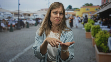 Young blonde woman makes money gesture with finger flick on palm in vibrant street market;...