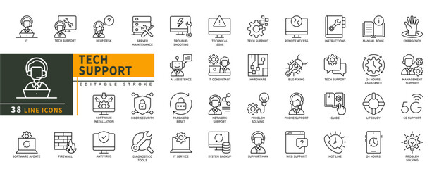 Minimalist Tech support line icons set with editable stroke, featuring IT, help desk, server maintenance troble shooting, tecnical issue, ai assistence, ciber security,  etc. thin linear illustration.
